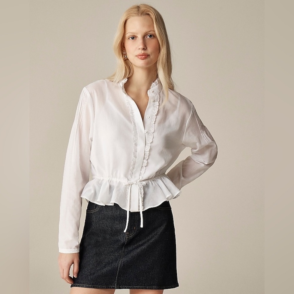 NWT J. Crew Lace-trim Cinched-Waist White Top In Cotton Voile Small sensor hole